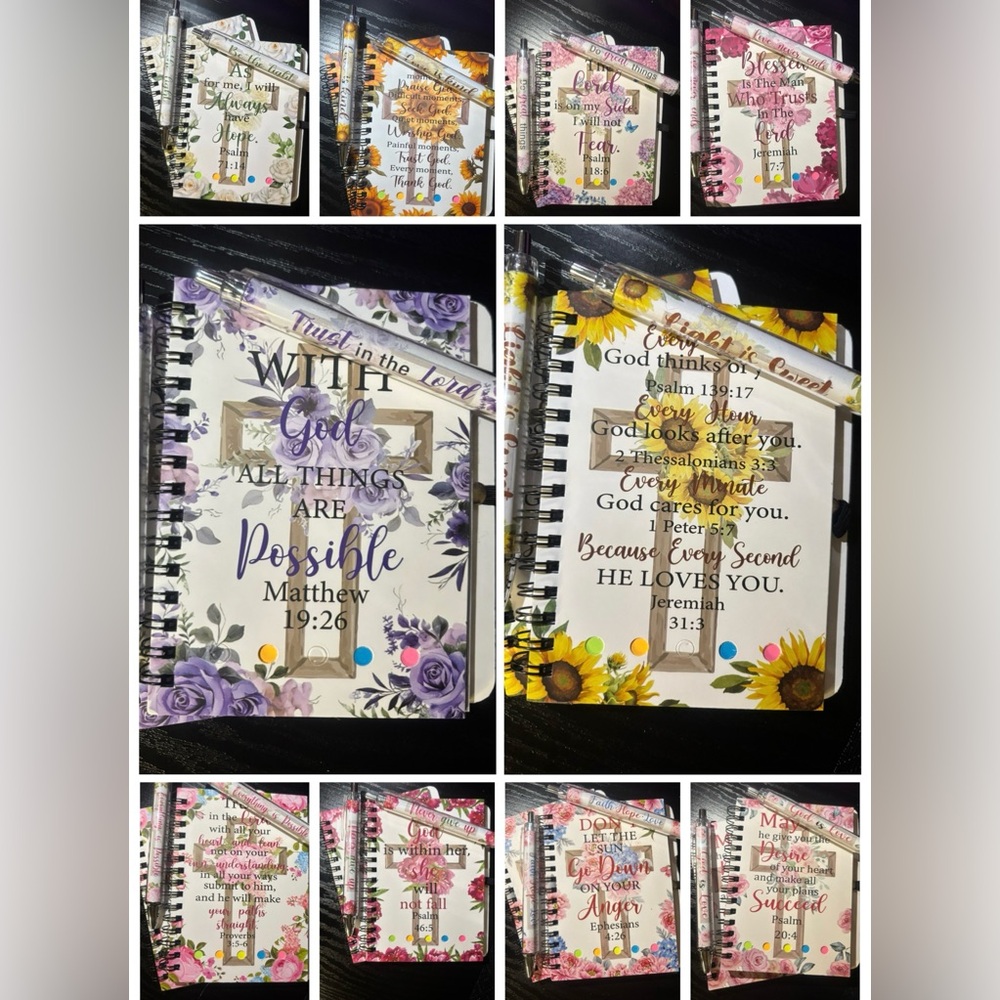SPIRAL BIBLE VERSE WITH CROSS & FLORAL JOURNAL WITH MATCHING PEN